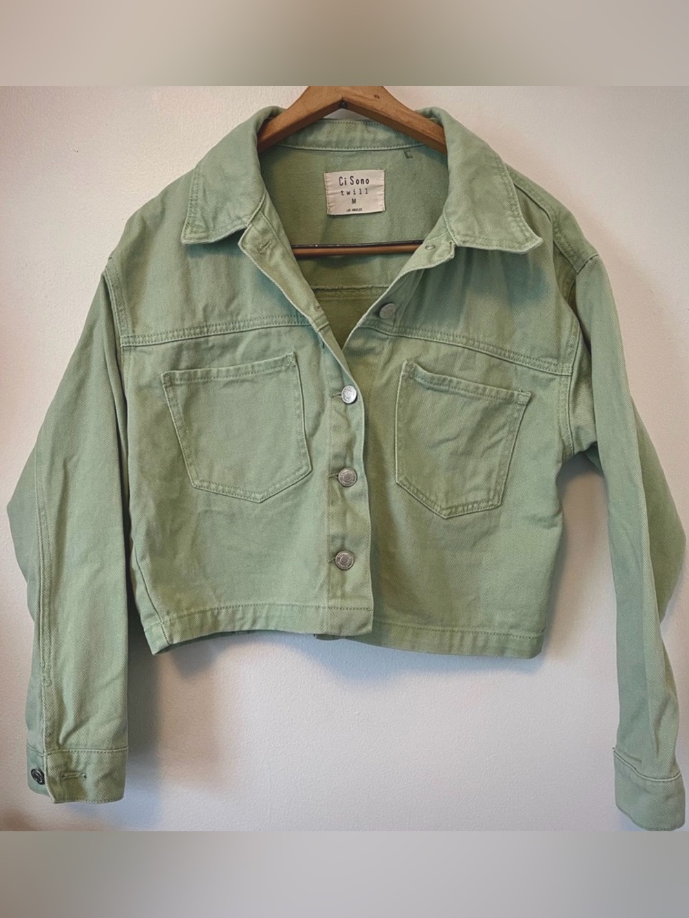 Matcha Twill Cropped Trucker Jacket Sage Green Boxy Cotton Utility Coat Medium